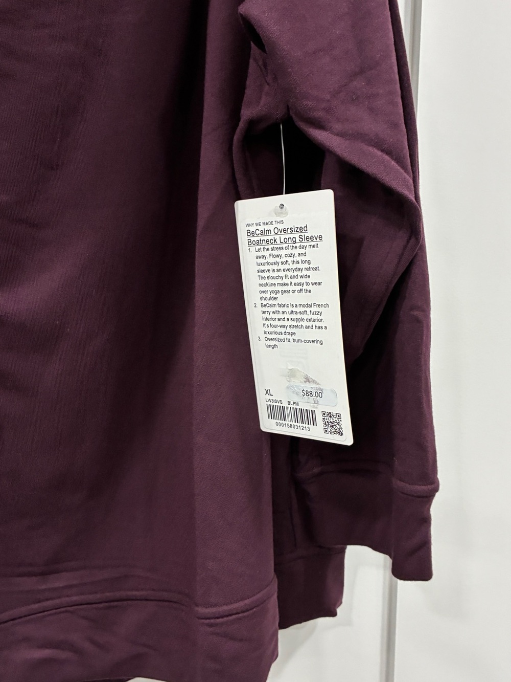 Lululemon BeCalm Oversized Boatneck Long Sleeve Top XL NWT Burgundy